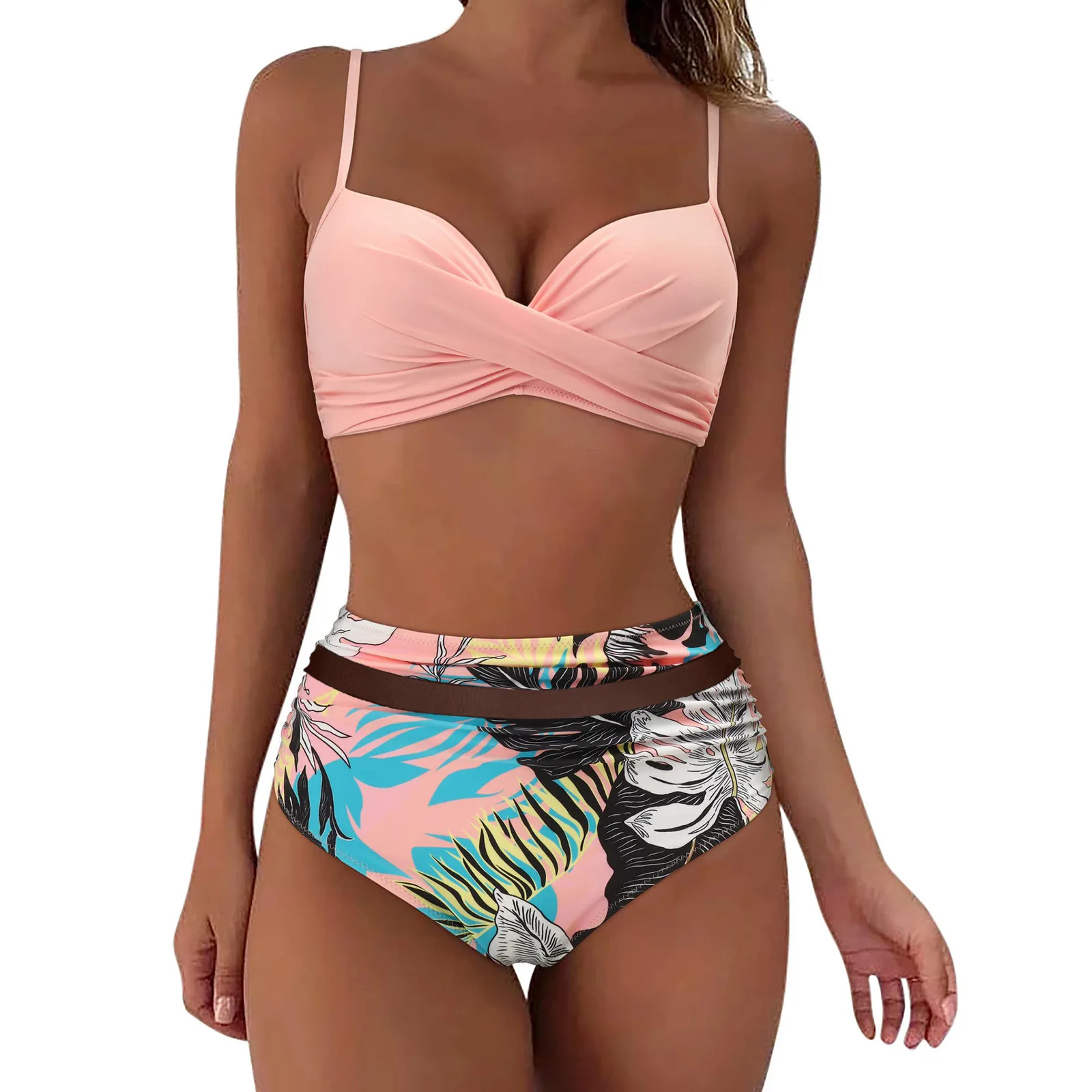 Kobiety Bikini z wysokim stanem Sexy Push Up dwuczęściowy strój kąpielowy Vintage dwuczęściowy Retro marszczony wysoki Bikini we wzory zestaw