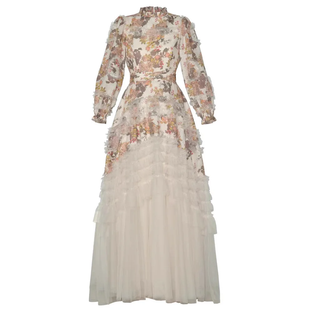 Elegante Langarm Floral Maxi Kleider Frauen Frühling Herbst Mesh Tüll Gedruckt Abend Party Vestidos Schicht Rüschen Kuchen Robe