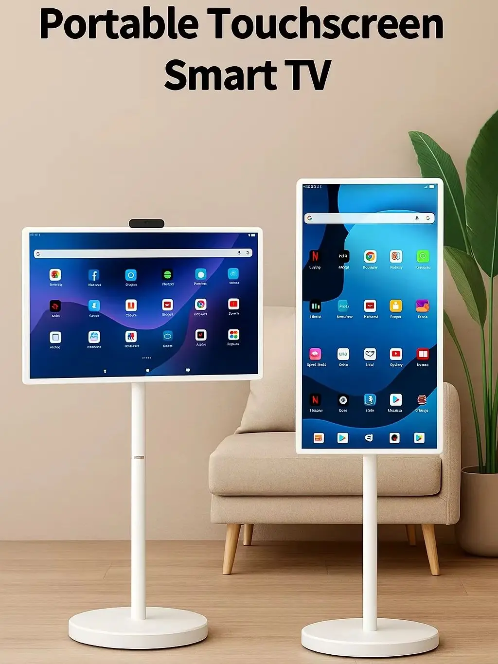 32” Android 15 vloerstandaard TV, 6G+128G slim scherm met afstandsbediening, 2K camera-video-oproep, ingebouwd 148WH batterijvoeding - afbeelding 2