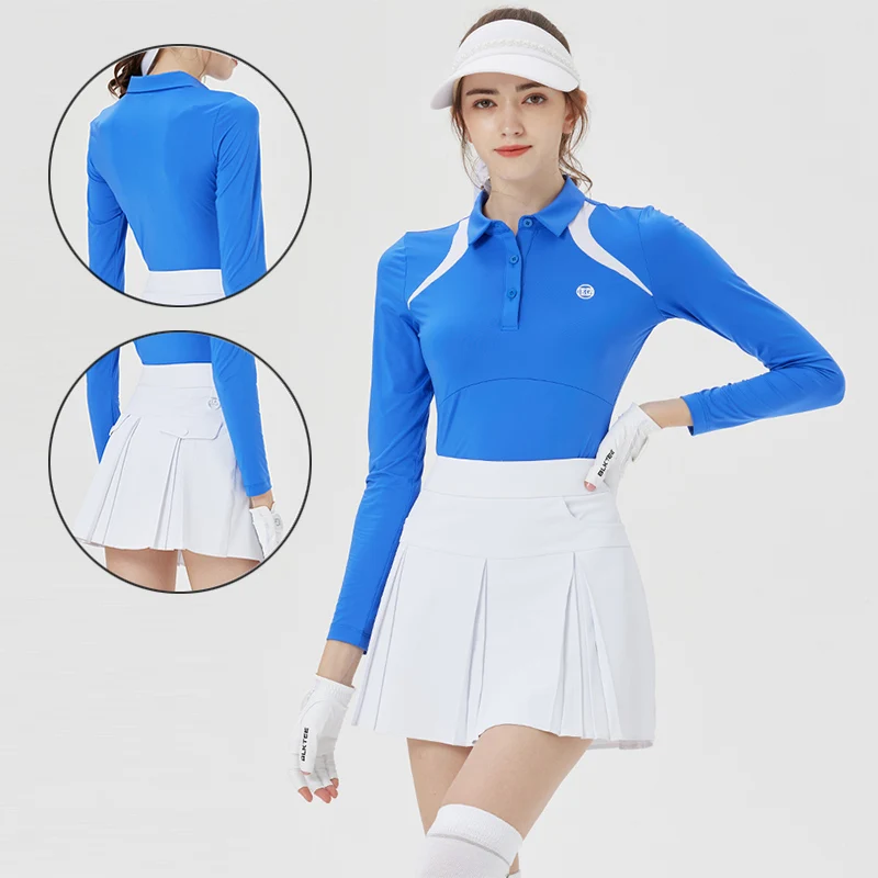 

Blktee Ladies Elastic Polo Golf Shirt Patchwork Long Sleeve T-shirt Women Slim A-line Golf Culottes High Waist Pleated Skirt Set