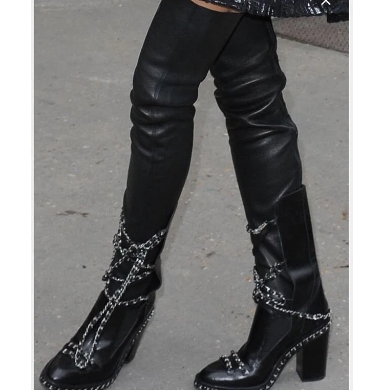 

Black Chain Pointed Toe Thick Heel Over The Knee Boots Woman Winter 2026 Hollow Buckles Sexy Mid-Calf Boots Shoes for Women