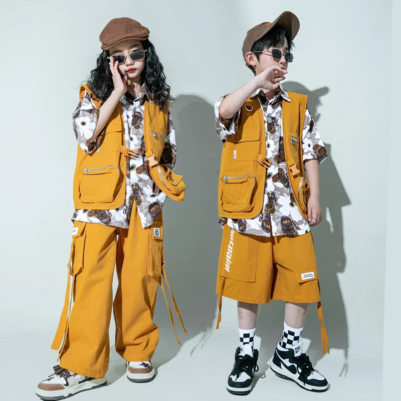 

Kid Hip Hop Clothing Ginger Yellow Sleeveless Jacket Vest Casual Strap Cargo Pants Shorts for Girls Boys Dance Costume Clothes