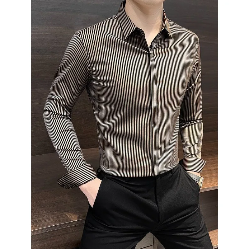 Men Korean Slim Vertical Striped Shirt Autumn Hidden Button Drape Long Sleeve Business Commute Shirt