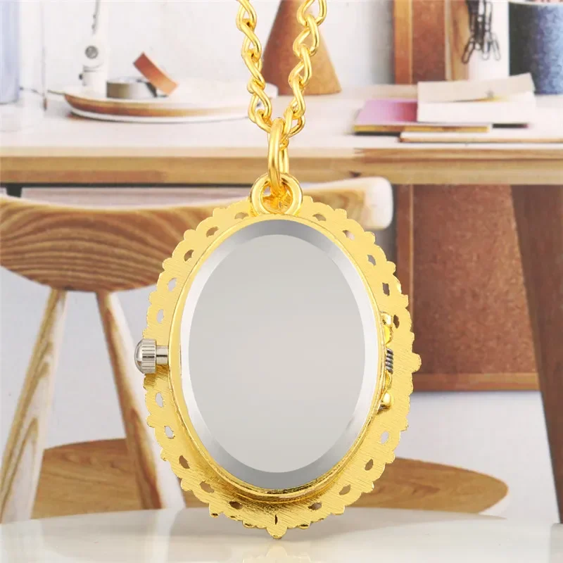 Golden Oval Shape Virgin Mary Design Unisex Quartz Analog Pocket Watch Pendant Religion Clock with Sweater Chain Souvenir