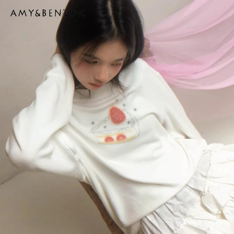 

Женская футболка с принтом «Белый фруктовый торт», оригинальный дизайн, весна 2026, новая коллекция, милый, универсальный, с длинным рукавом, в стиле Y2K, для женщин