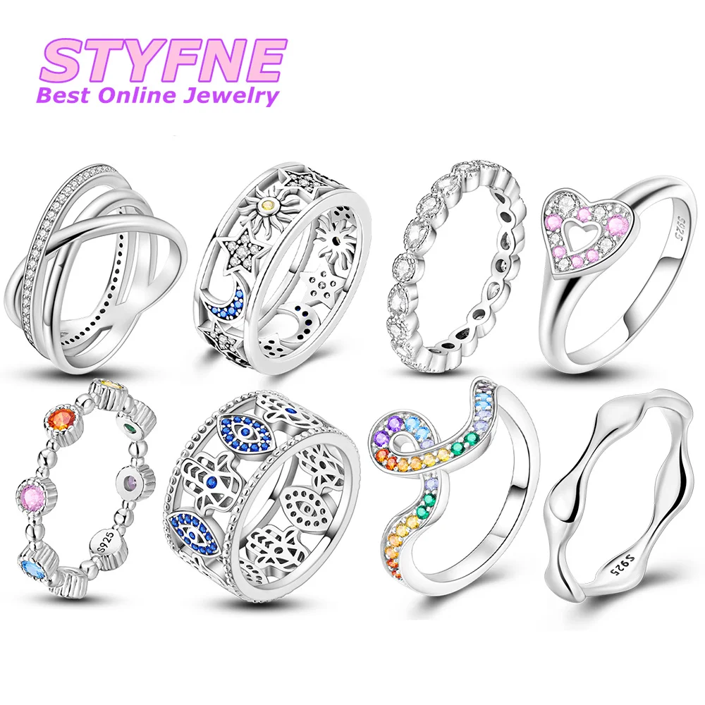 Women 925 Sterling Silver Geometric Lines Stars Sun Moon Eyes Heart Colored Stripes Rings Jewelry Anniversary Birthday Gifts