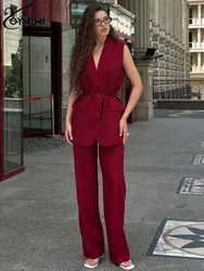 Oymimi Fashion Red 2 Piece Sets Women Outfit Elegant Lapel Sleeveless Lace-Up Button Shirts And Simple Straight Trousers Sets