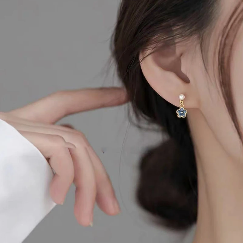 Real 925 Sterling Silver Pearl 14K Gold Blue Flower Pendant Stud Earrings For Women Cute Fine Jewelry Light Luxury Accessories view 4