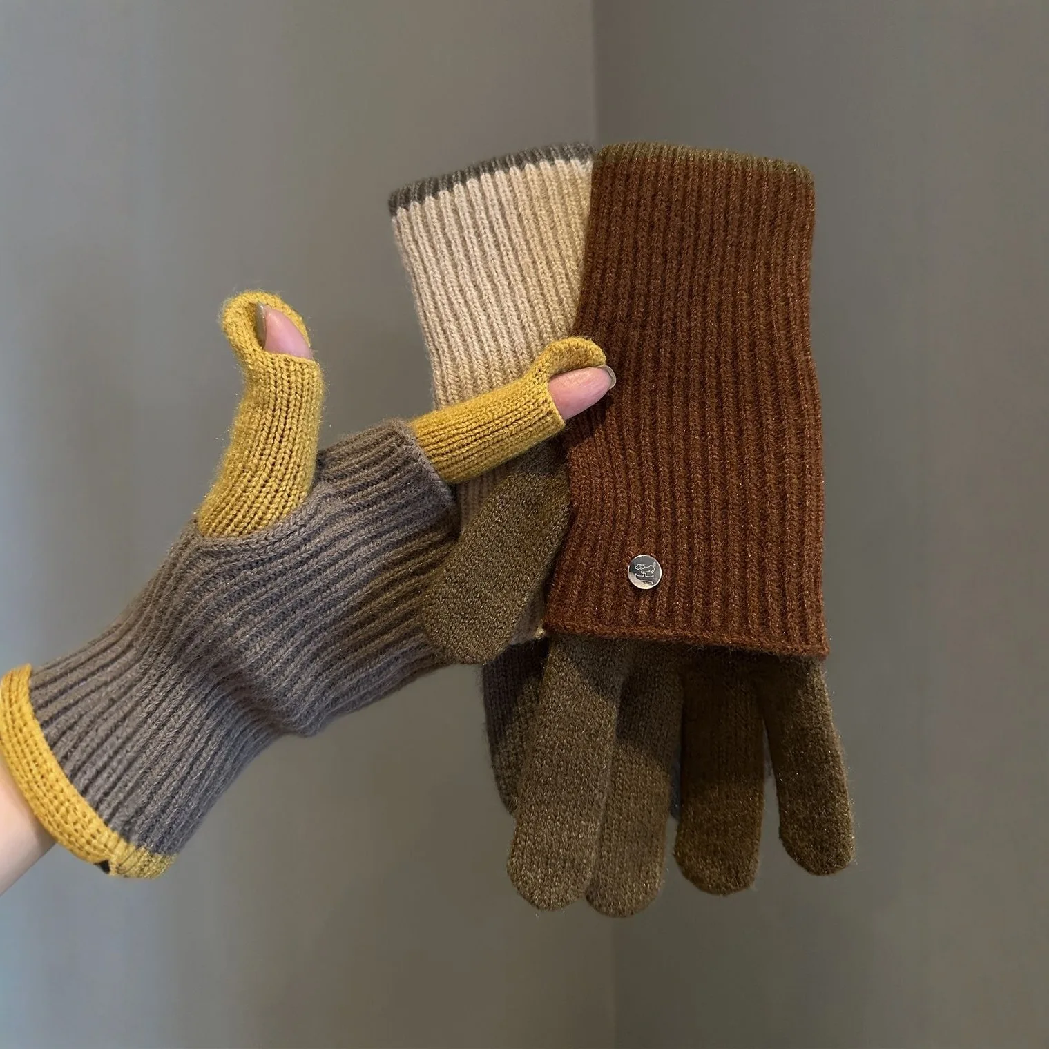 Knit Fingerless Gloves Women Color Block Touchscreen Warm Winter Cycling Student Two Way Wear