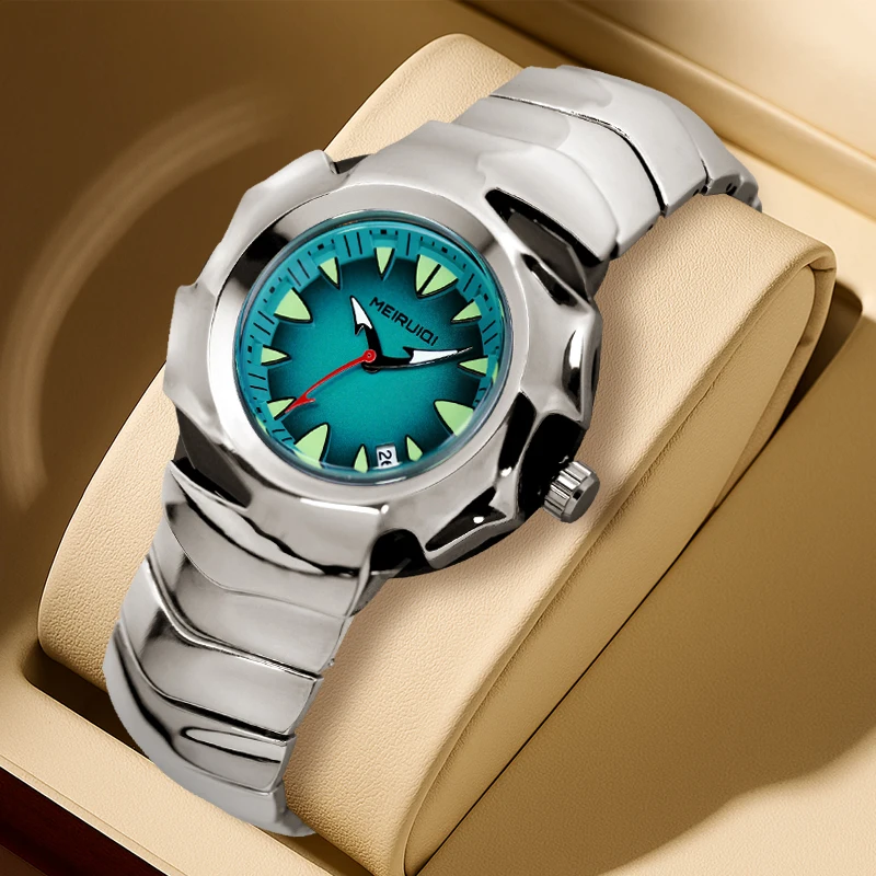 

Мужские серебристо-зеленые кварцевые часы в повседневном стиле с календарем, универсальные, в стиле Shark Warrior.