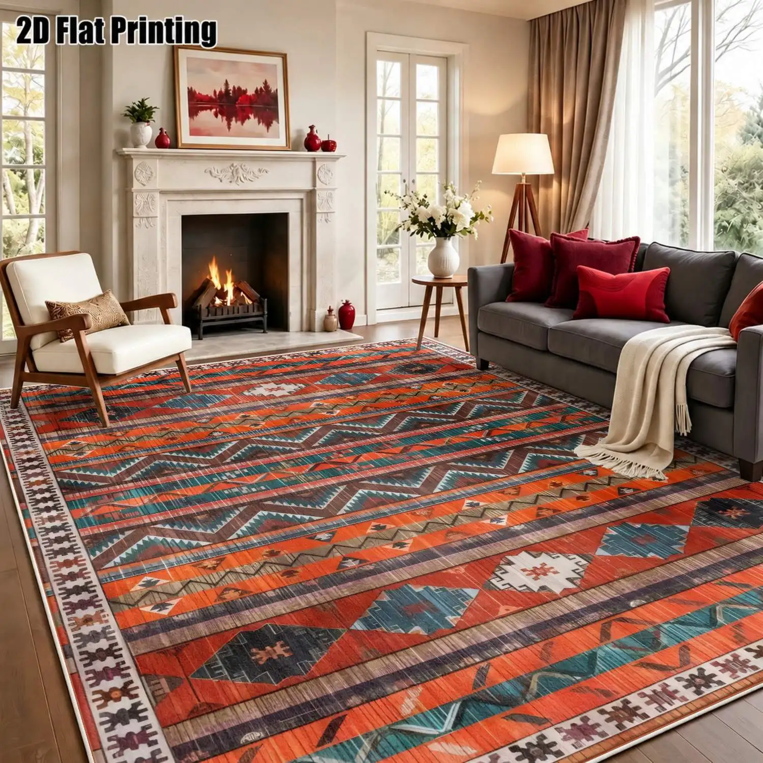 1Pc 2D Printed Velvet Retro Geometric Carpet, Multi-Style, Multi-Size, Machine Washable, for Home Decor & Multi-Scene Use