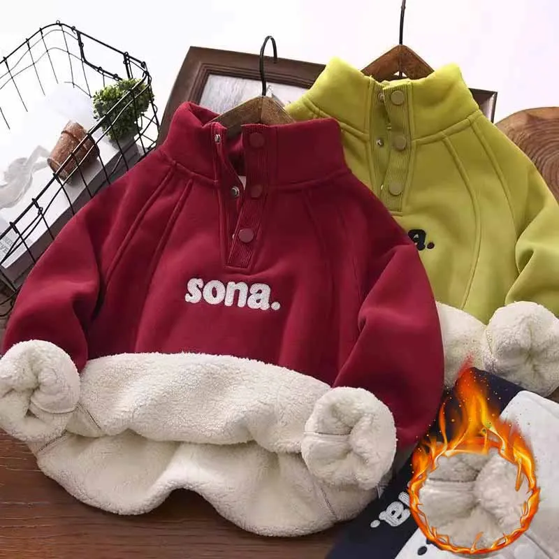 Boys' Padded Sweater Children's Thicken Pullover Winter Lambswool Hooded Jumper New Kids Casual Tops Autumn Warm Letter Clothes