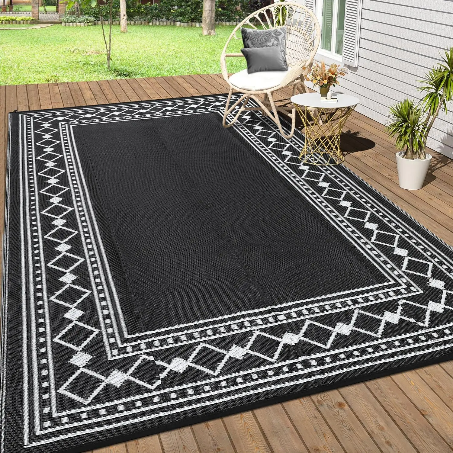 Garvee Outdoor Rug 9x18ft Reversible Waterproof Rug for Patio Modern Bordered Geometric Rug Waterproof Patio Rug Reversible Outdoor Plastic Straw Rugs for RV Patio Porch Deck Balcony