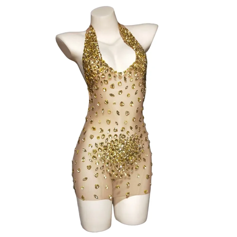 

Gold Rhinestones Crystals Backless Dress Dance Evening Celebrate Sexy Mesh Transparent Costumes Outfit Prom Birthday Clothing