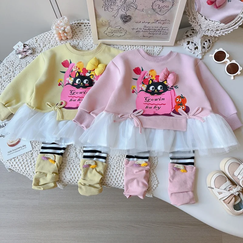 

Spring and Autumn New Girls' Sweatshirt Set2025Baby Girl Casual Cartoon Striped Leggings Two-Piece Set