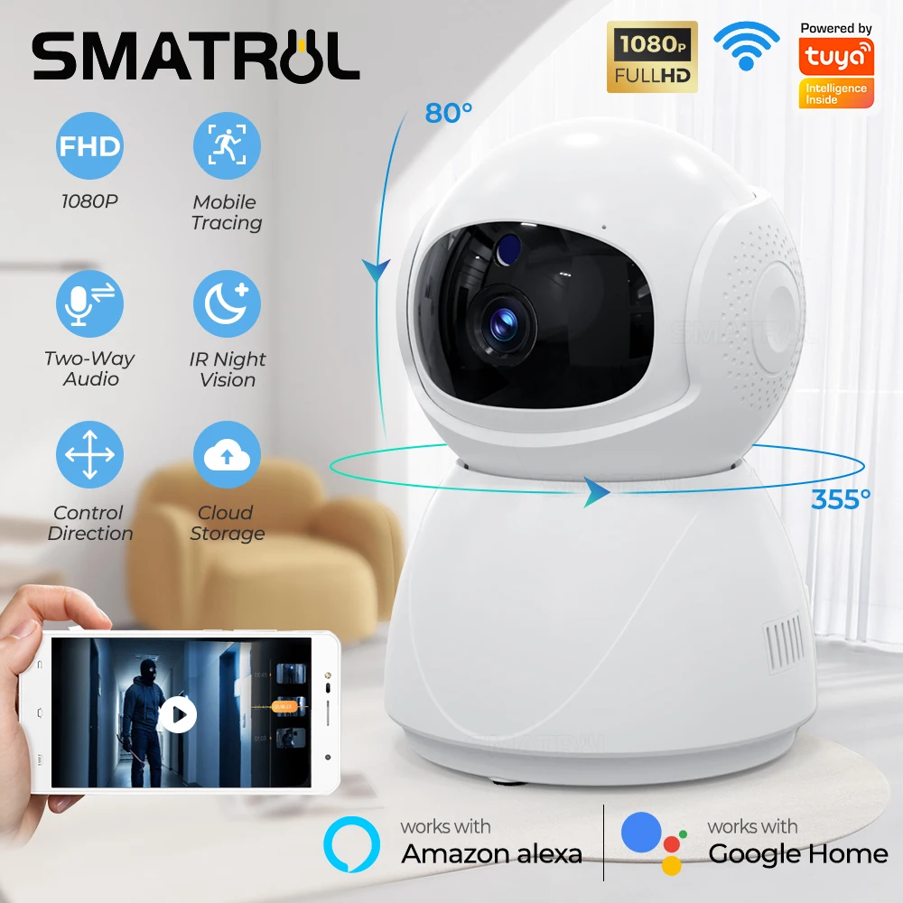 SMATRUL 1080P FHD CCTV Camera Tuya Smart Camera AI Auto Tracking PIR Motion Human Detection Camera Two Way Voice Call Indoor