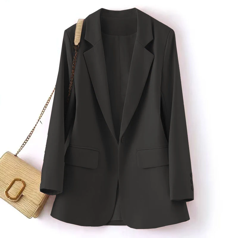 Blazer One Button Suit Jacket Pocket Long Sleeve Casual Office Lady All-match Thin Autumn Women Clothing Solid Elegant Vintage