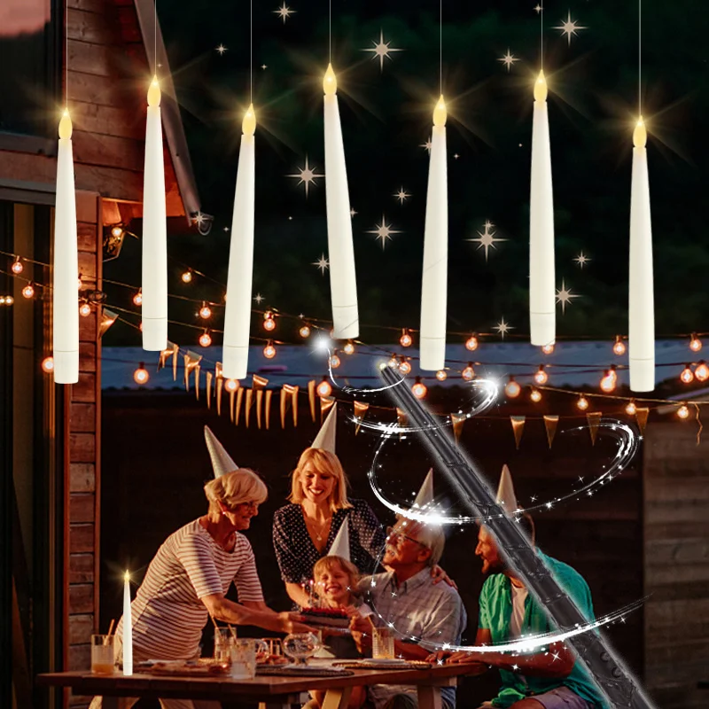 Magical Floating Candles With Wand Remote Control Flameless LED Candles Warm Light Hanging Decor For Halloween Christmas Party