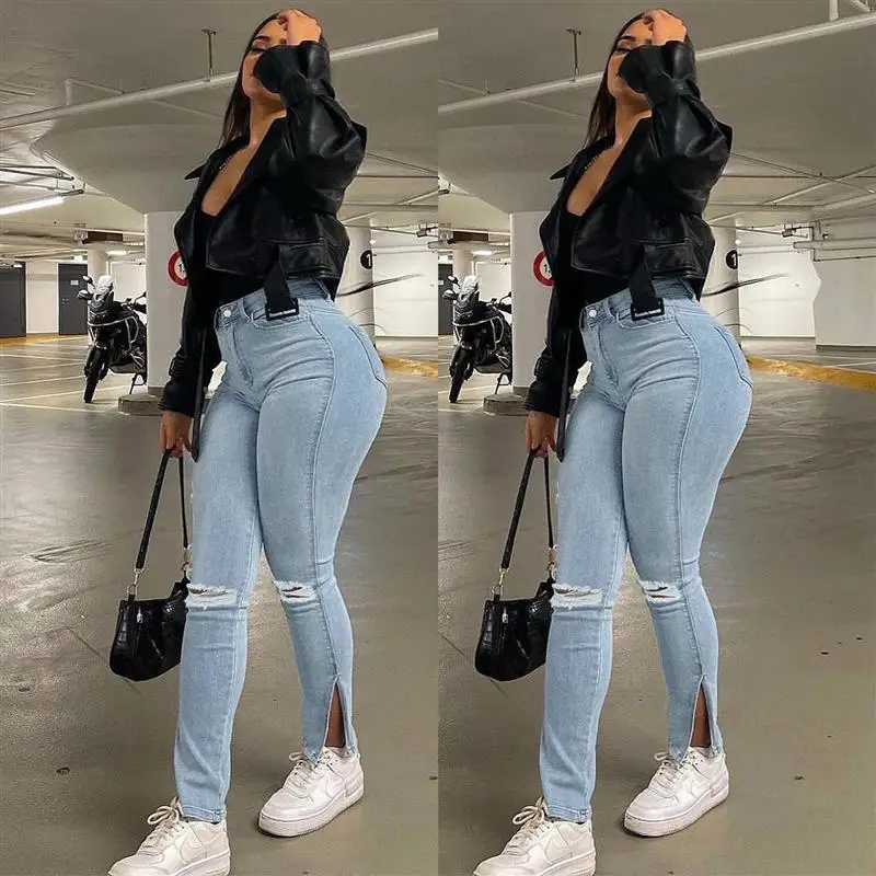 

Traceable Denim Jeans Wi Crossed Cuffed Summer New Sle Jeans Long Pants Women's Faion Ripped Ankle-Length Blue Jeans