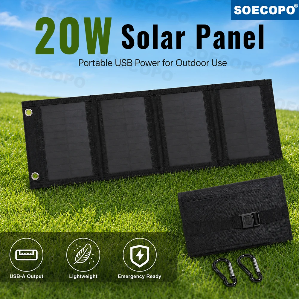 Portable 20W Foldable Solar Panel USB Charger Lightweight Solar Power Bank Charger for Backpacking Camping Outdoor Activities