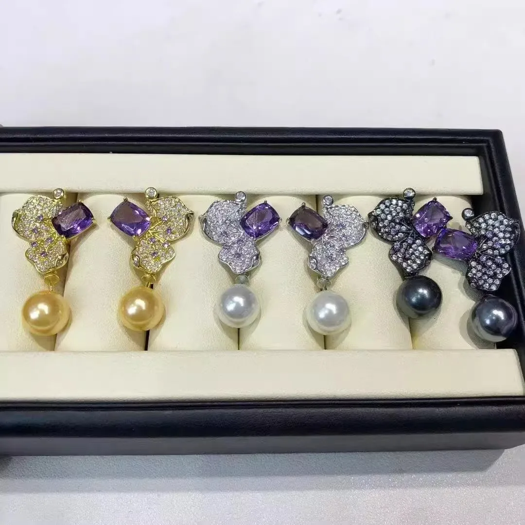 

MeiBaPJ 10 мм натуральный жемчуг фиолетовые камни цветок серьги 925 серебро изысканные свадебные украшения для женщин