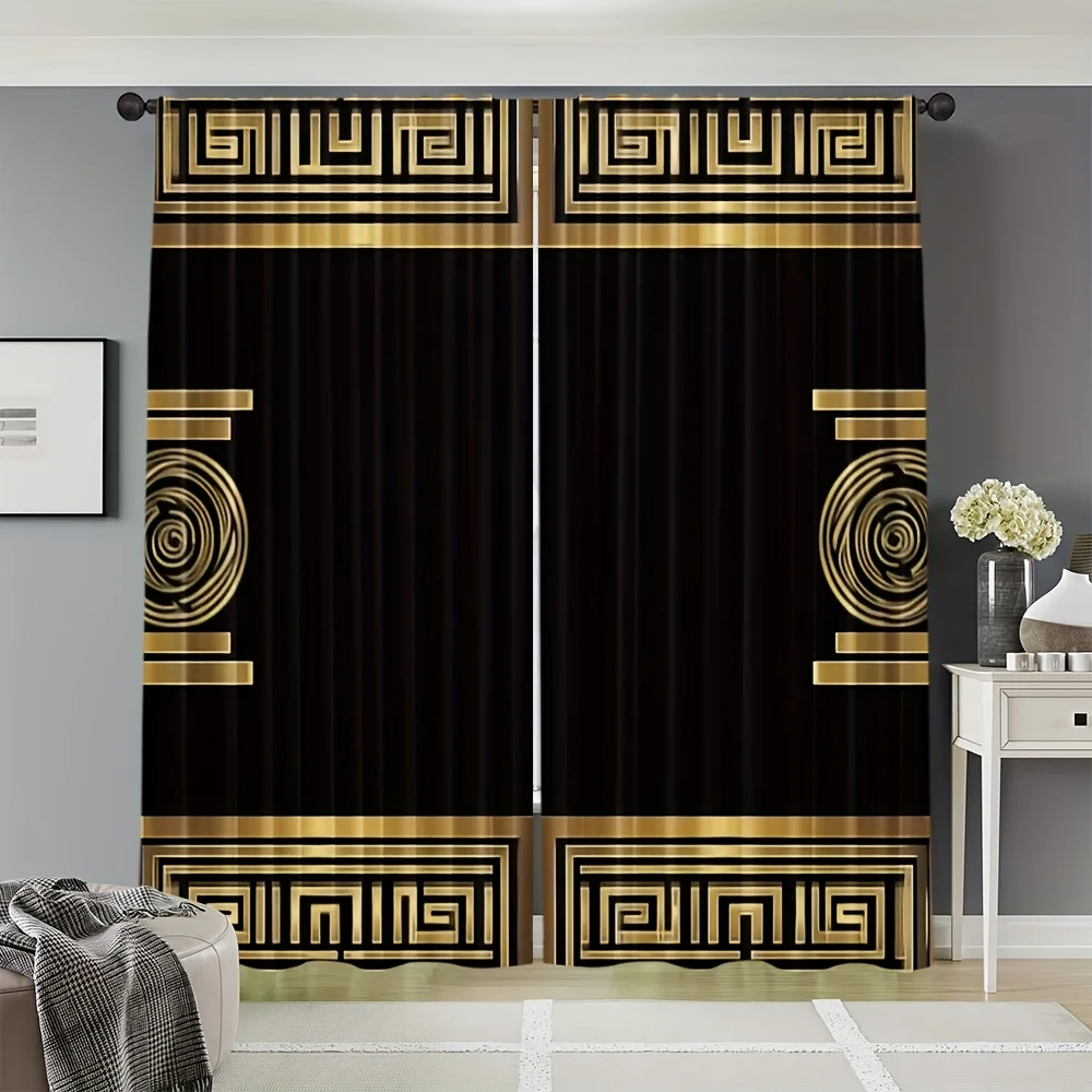 Blackout Curtains Gold Greek Key Design Luxury Drapes Modern Living Room Bedroom Window Curtains Panel