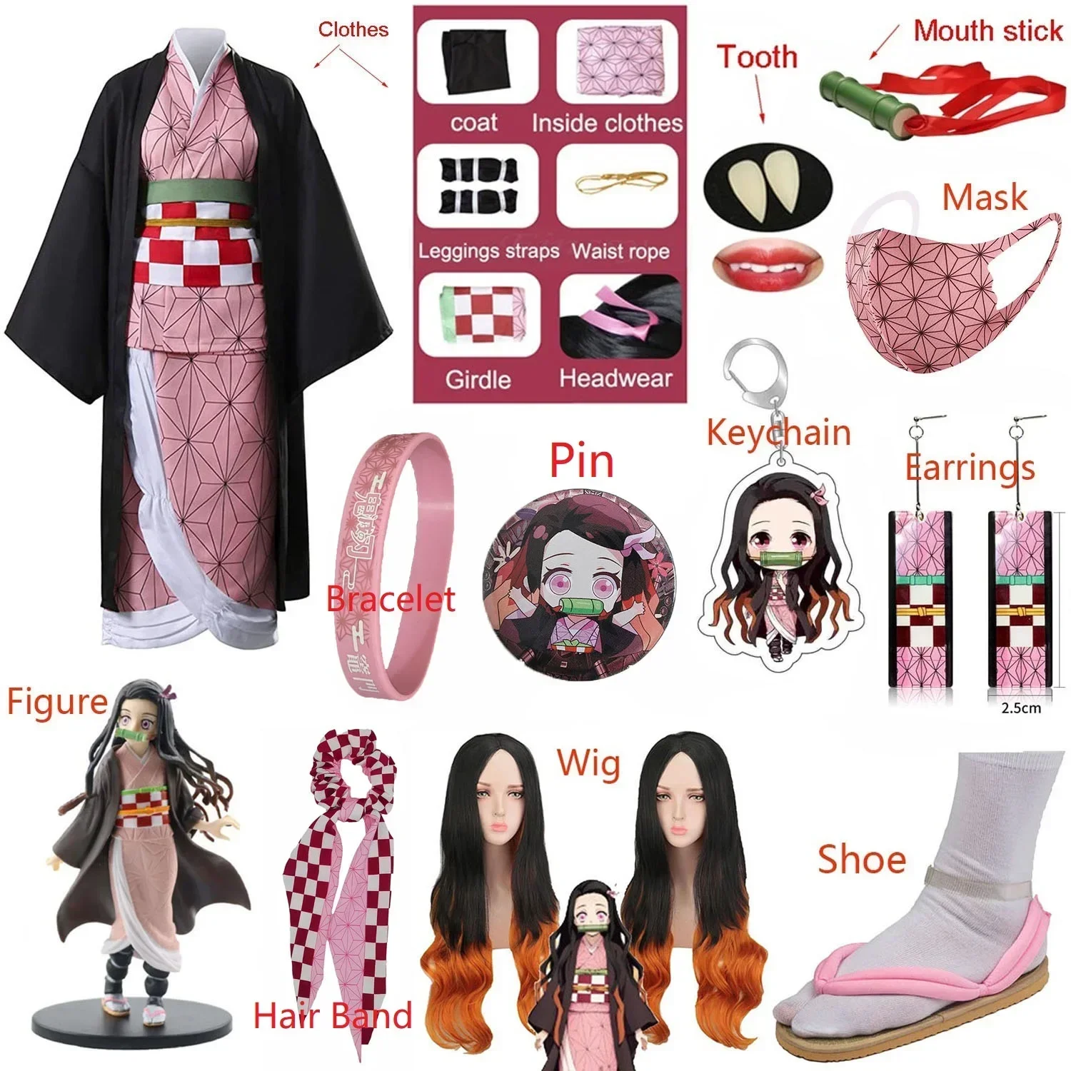 Adult Kids Anime   Kamado Nezuko Costume Cosplay Earrings Figure Mask Keychain Shoes Wig Tooth Woman Girl Kimono Gift