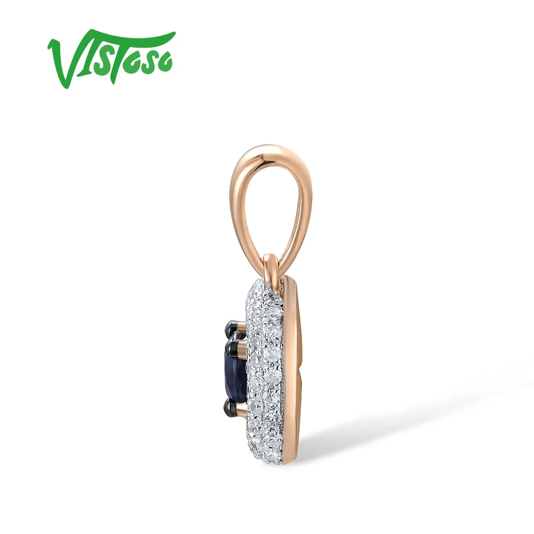 VISTOSO Genuine 14K 585 Rose Gold Pendant For Women Sparkling Natural Diamond Blue Sapphire Square Shaped Wedding Fine Jewelry