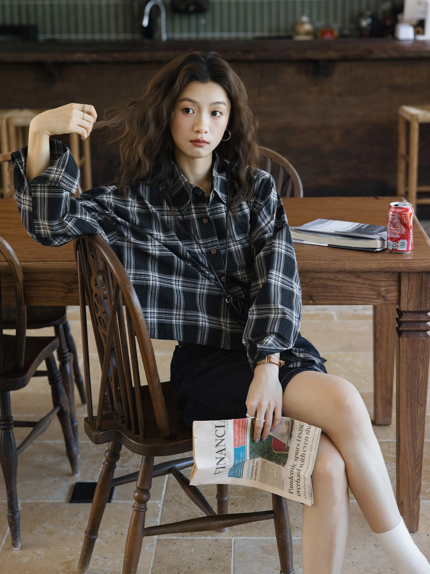 

Black Plaid Long Sleeve Shirt Women's Short Style Loose Fit Turn-down Collar Breathable Comfortable Spring Summer New Arrival