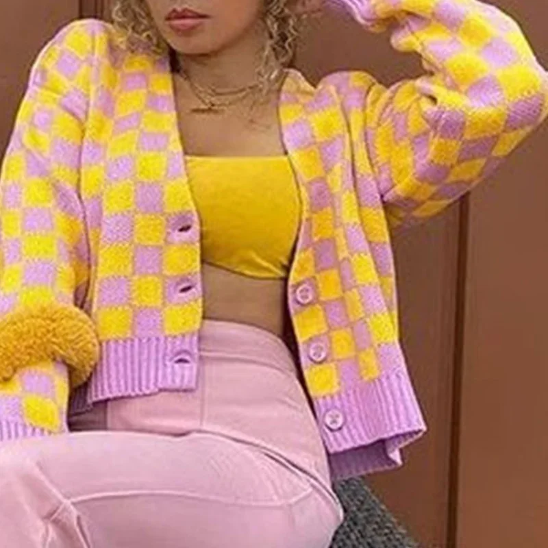 Cardigan Knitted V-neck Argyle Long Sleeve Sweet Single Breasted Short Sweaters Female Autumn Winter Women's Sweater Cardigans