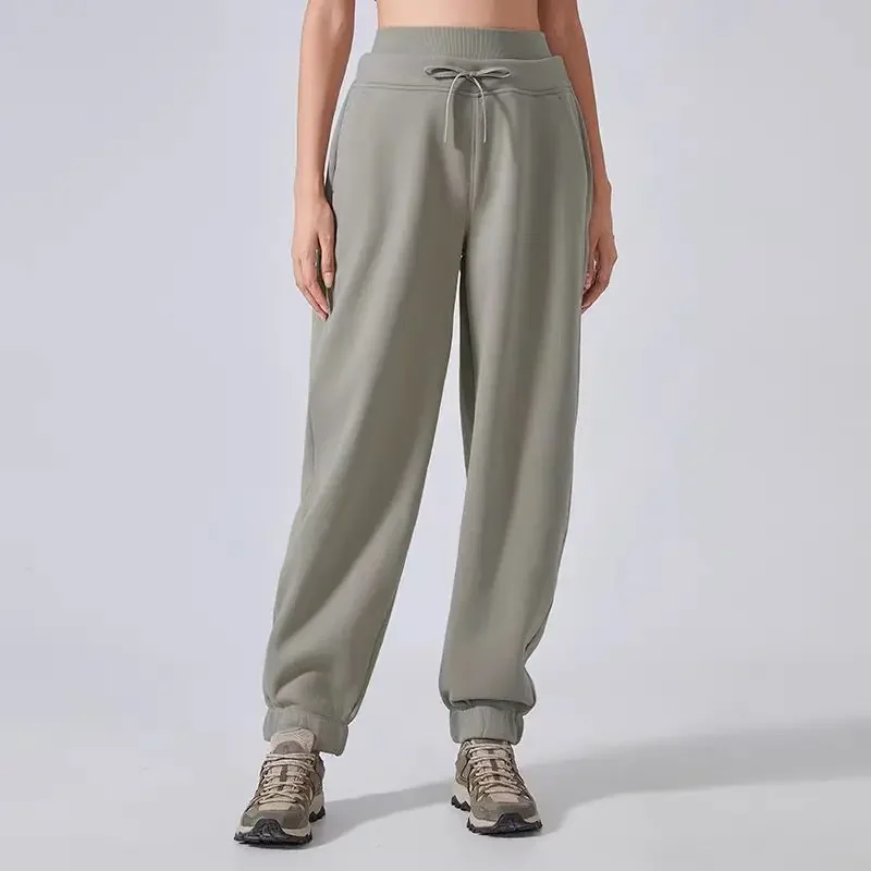 Lemon-pantalones de chándal de cintura alta para mujer, pantalones deportivos gruesos y holgados de felpa, faja de doble cintura, ropa para correr, Otoño e Invierno