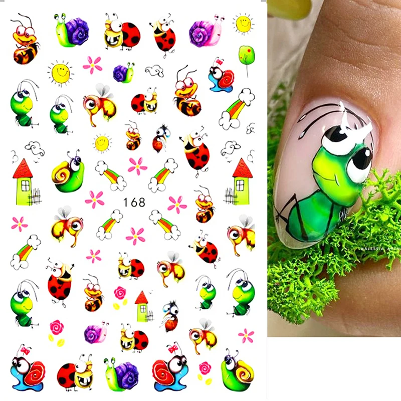 Cute Ant Cartoon Nail Sticker Bee Ladybug Succulent Plant Rainbow Slider Manicure Stickers Spring Summer Nail Decoration