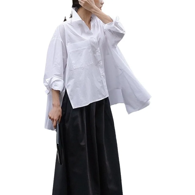 Spring Summer New Fashion Women's White Solid Color Long Lseeve Turn-down Collar Loose Casual Trendy Shirts Female Clothes Tops
