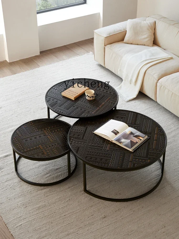v9.10-round Tea Table Size Combination Modern Simple Wood Carving Side Table
