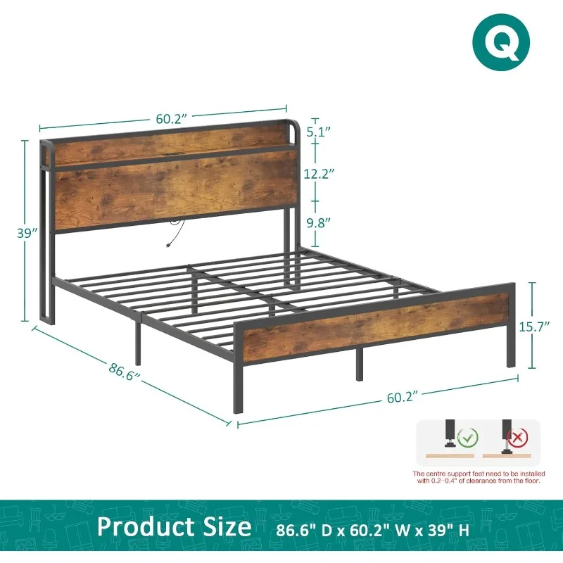 Cadre de lit Queen Size avec station de charge, planche de sauna de rangement, plate-forme en métal et en bois, sans bruit, aucun ressort de boîte nécessaire