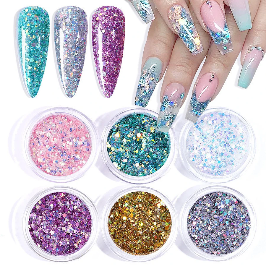 6 Colors Holographic Glitter Flakes Set, Vibrant Sparkle Sequins for Manicure Nail Art Decoration