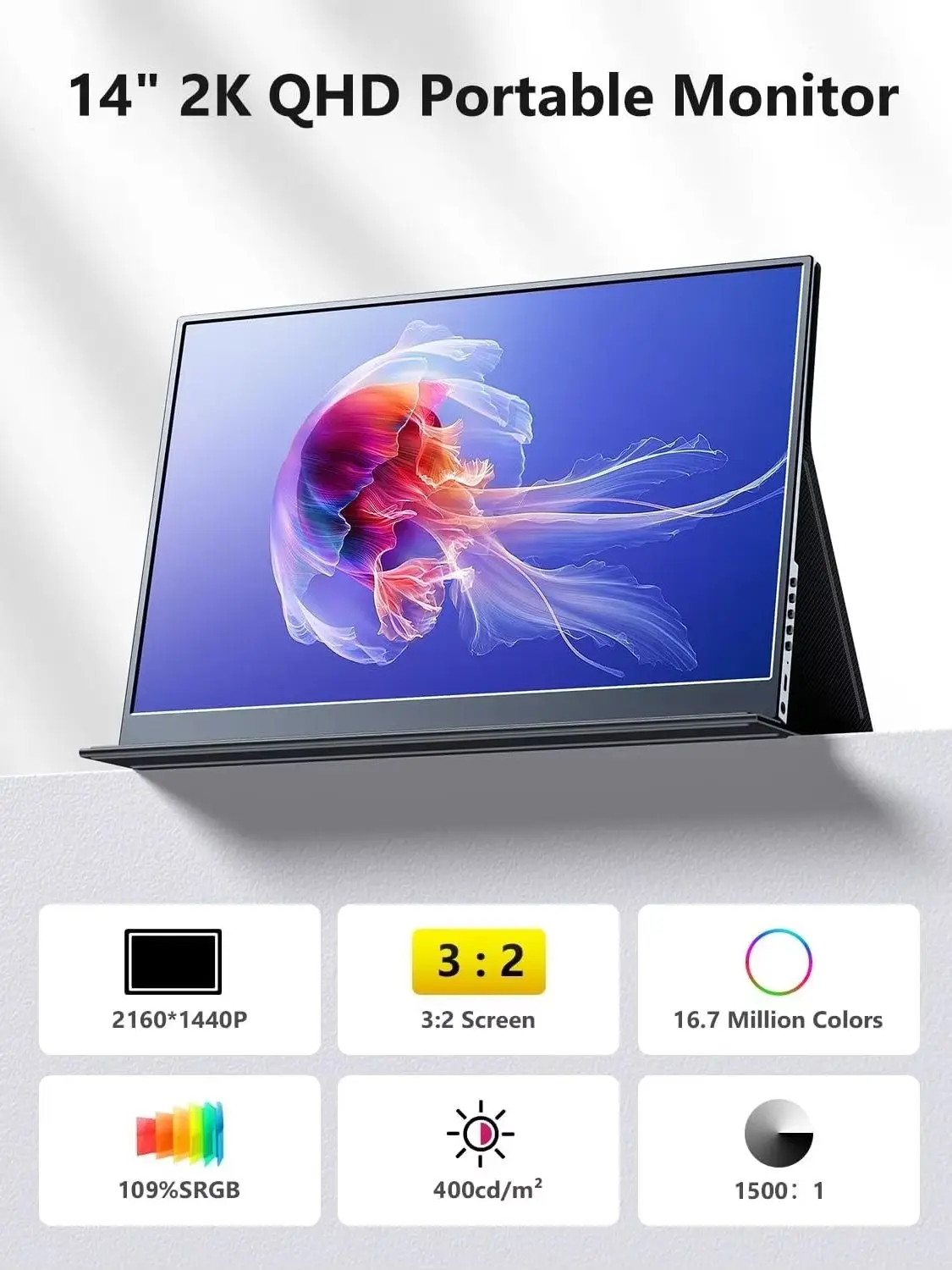 UPERFECT 2K 14" tragbarer Gaming-Monitor IPS Ultraschlanker Reiserebildschirm 2160*1440P für Laptop PC Telefon Mac Zweites externes Display