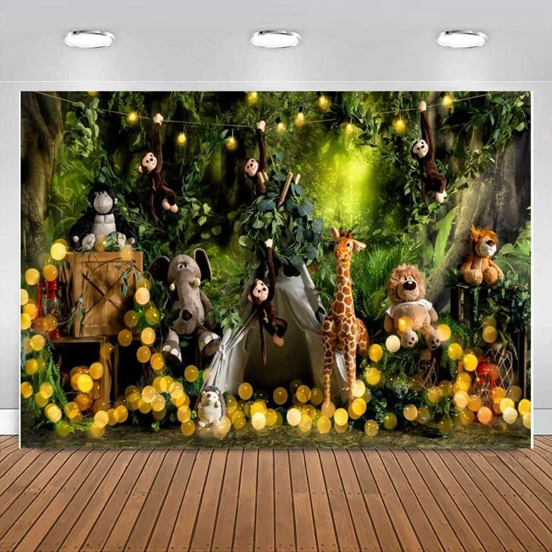 Zoo Animals Happy Birthday Party Photography Backdrops Spring Forest Sunshine Spots Decoration Monkey Background Banner For Kids