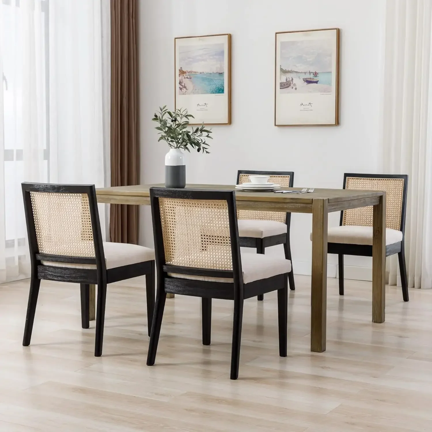 Rattan Dining Chairs Set of 4 Black Wood Dining Room Chairs Rectangle Cane Country Kitchen Chairs Upholstered Dining C