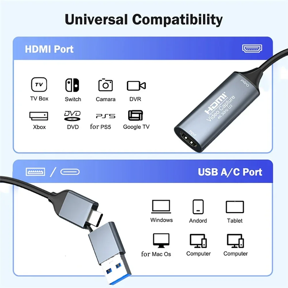 Tarjeta de captura de vídeo USB 3,0, compatible con HDMI, grabador de juegos USB/tipo c, grabadora de vídeo de transmisión en vivo para Switch Xbox PS4/5