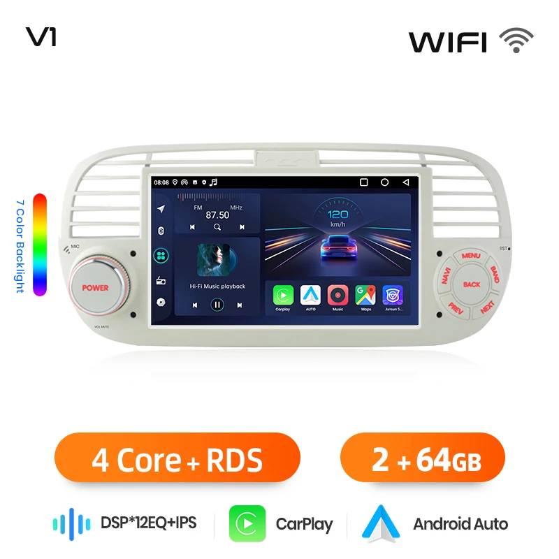 Junsun 7 inch draadloze CarPlay Android Auto autoradio voor Fiat 500 500C Abarth 2007-2015 Multimedia draadloze Apple CarPlay Smart Intelligent Systems IPS touchscreen stereo videospeler 2 Din