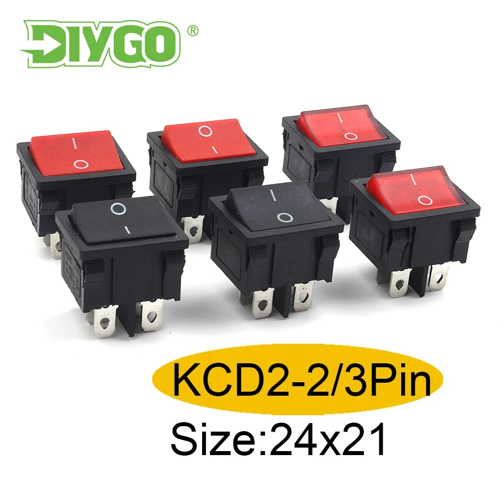 5PCS KCD2 24X21mm Electric Car Power Switch Red Black 4/6 Pin 2/3 Position 6A/10A 250V/125V Square Boat Rocker Switch Button