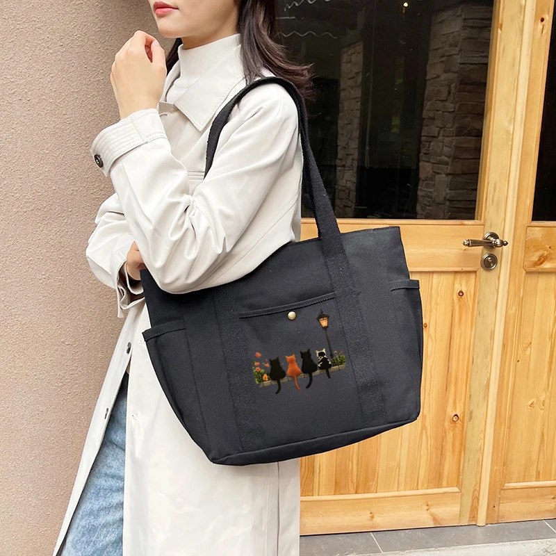 Girls Women Graphic Tote Bag Large Capacity Cartoon Shoulder Cute Cat Shopper Handbags Shoulder Fashion Canvas Casual Shopping