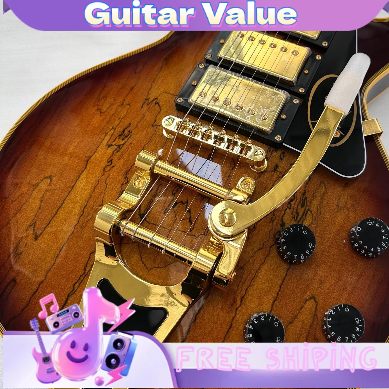 Brown Distressed Wood with Large Tremolo Arm Electric Guitar HHH Pickups Lpgui Mahogany Body  Small Pickguard Gold Hardware