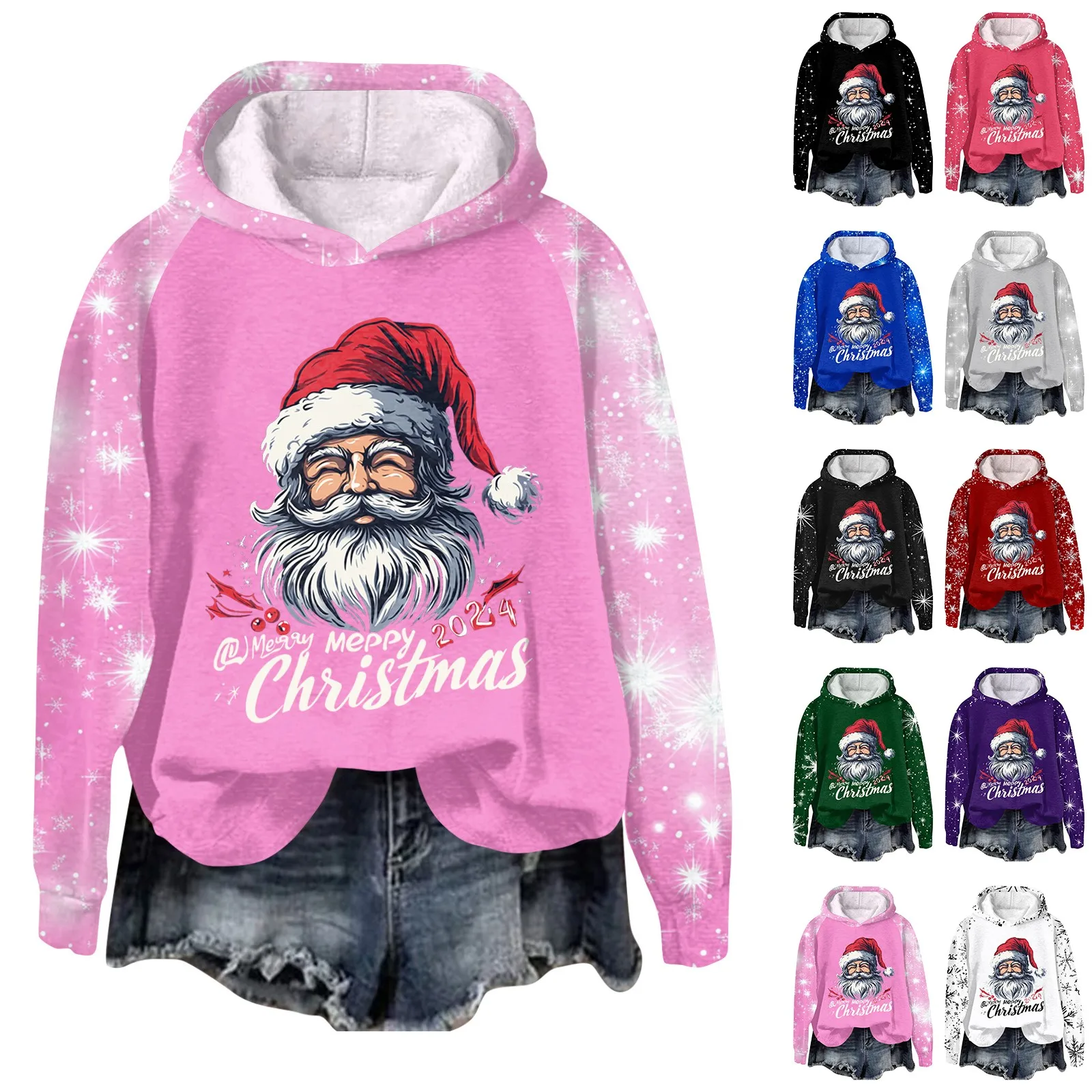 Women'S Fashion Pullover Plunging Sleeve Christmas Printed Hooded Sweatshirt Winter Clothes Woman VêTements D'ExtéRieur 2024