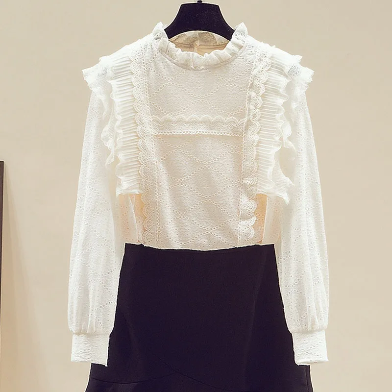 

Женская блузка-рубашка, новая кружевная блузка с длинным рукавом и рюшами на воротнике, рубашка, женские топы, блузки, рубашки Blusas Camisas 2025 Q663