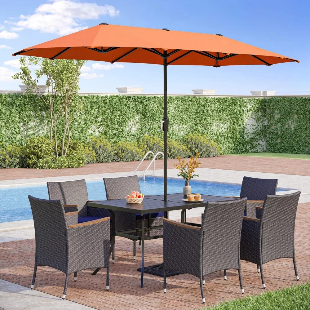 

Patio Dining Set for 6,1 Rectangular Metal Umbrella Table & 6 All Weather PE Wicker Cushioned Chairs