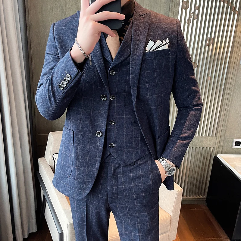 

(Jackets+Vest+Pants) Men Korean Blazers slim check British business suit Men three piece wedding bridegroom man dress Size S-5XL