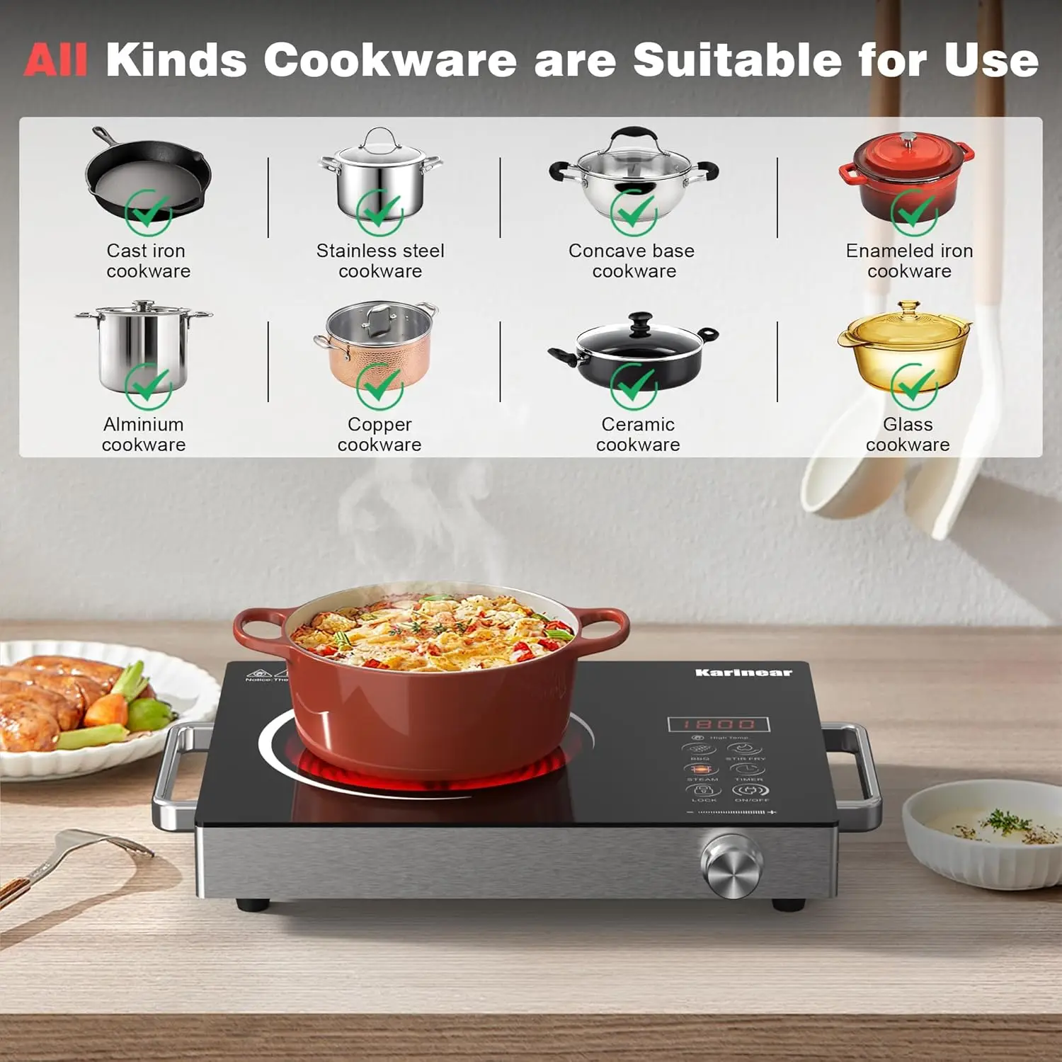 Karinear Placa vitroceramica con enchufe 1 fuego, placa vitrocerámica portátil, Mando giratorio, placa vitrocerámica para todas las sartenes