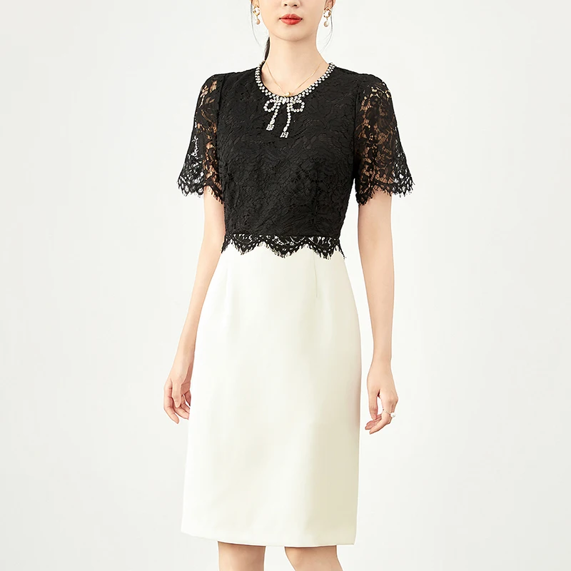 

Summer Elegant Dresses For Women Diamonds Lace Short Sleeve Black Patchwork White Women's Party Dress French Office Lady Dress